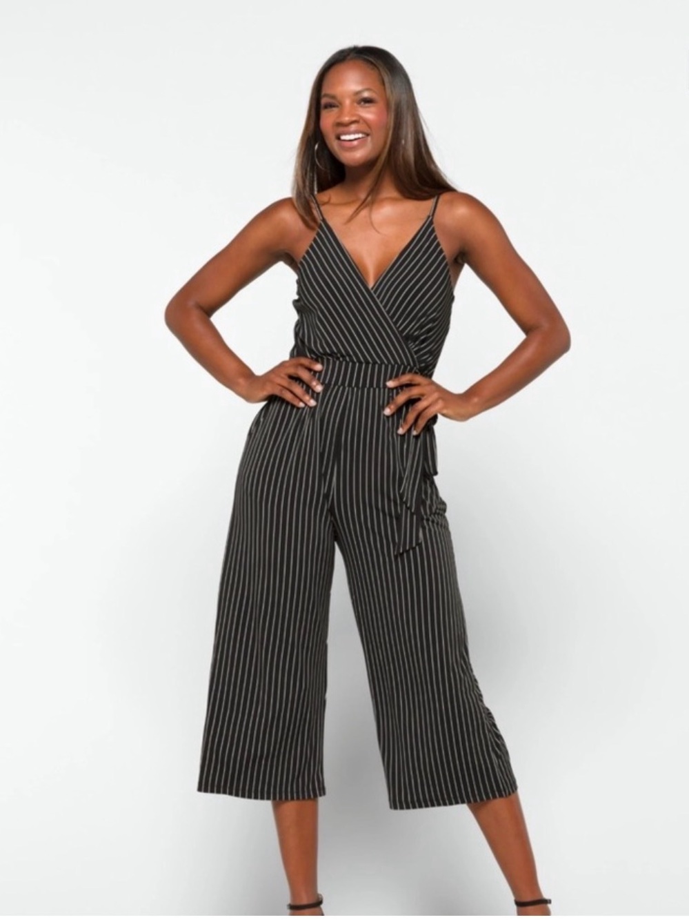 Kaileigh Black Jumpsuit with White Pinstripes and Tie Waist